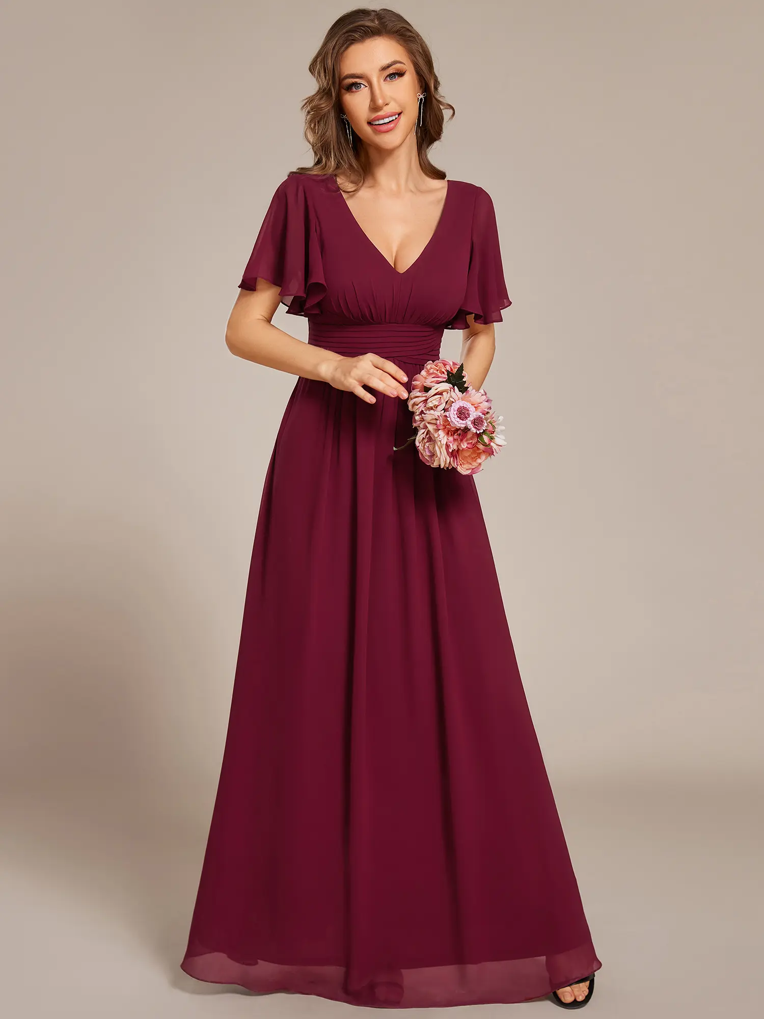 Ever-Pretty Women's Short Ruffle Sleeve V-Neck Lace-Up A-Line Maxi Bridesmaid Dress - Chic, Plain, Bandage, Pleated Formal Wedding Wear - All Seasons, Hand Wash Only, Dry Clean, Style 02360