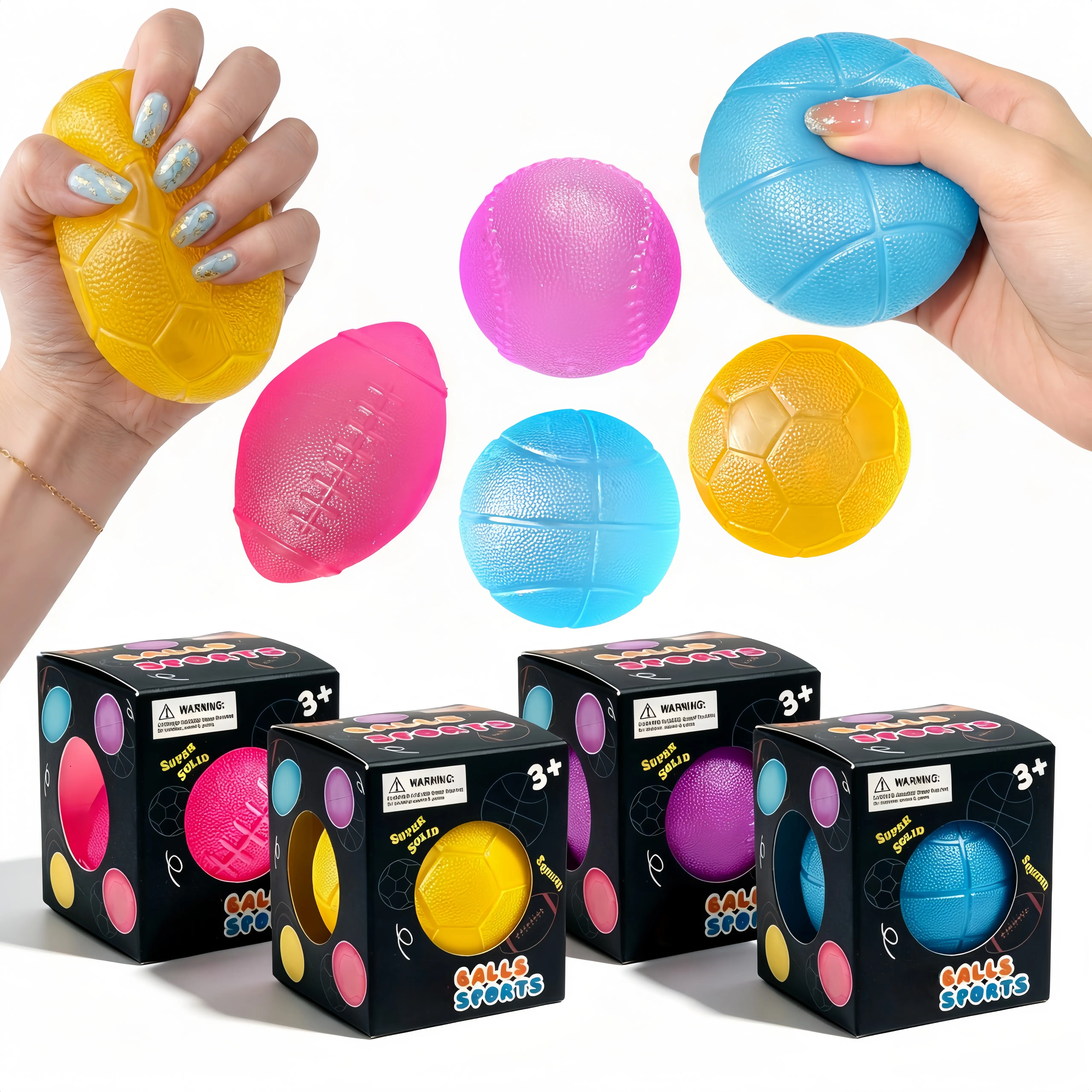 4Pcs Colorful Textured Sports Ball Squishy Toys, Rugby/Basketball/Football/Tennis Shaped Stress Relief Fidget Balls, Stress Relief Gadgets, Perfect as Kids' Birthday Party Favors & Adults' Home/Office Anxiety Relief Fidget Toys