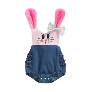 Newborn Baby Girl Easter Rabbit Overall Romper Cartoon Print Patchwork Rabbit Ears Bow Sleeveless Backless Frills Jumpsuits Cotton Blend 0-24 Months