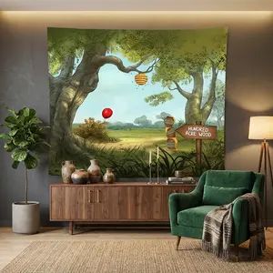 1pc Hundred Acre Wood Scene Tapestry Cute Beehive Nature Art Mural for Art Mural Studio Home Office Apartment Backdrop Large Fabric Mural Decor