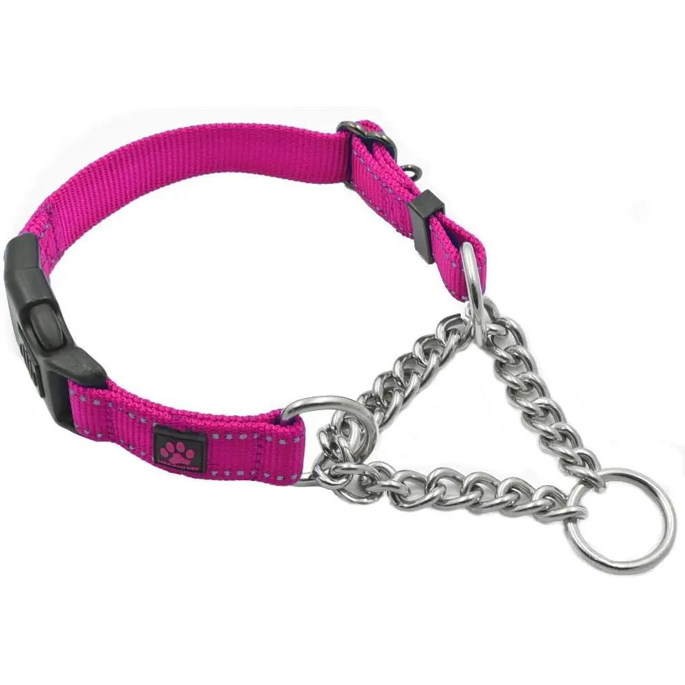 Stainless Steel Chain Martingale Training Collar - Reflective, Steel-Nylon Blend, Tightening Design, Rescue Donations Included (Large, Pink; We Donate to Dog Rescue for Every Collar Sold), Training Collars