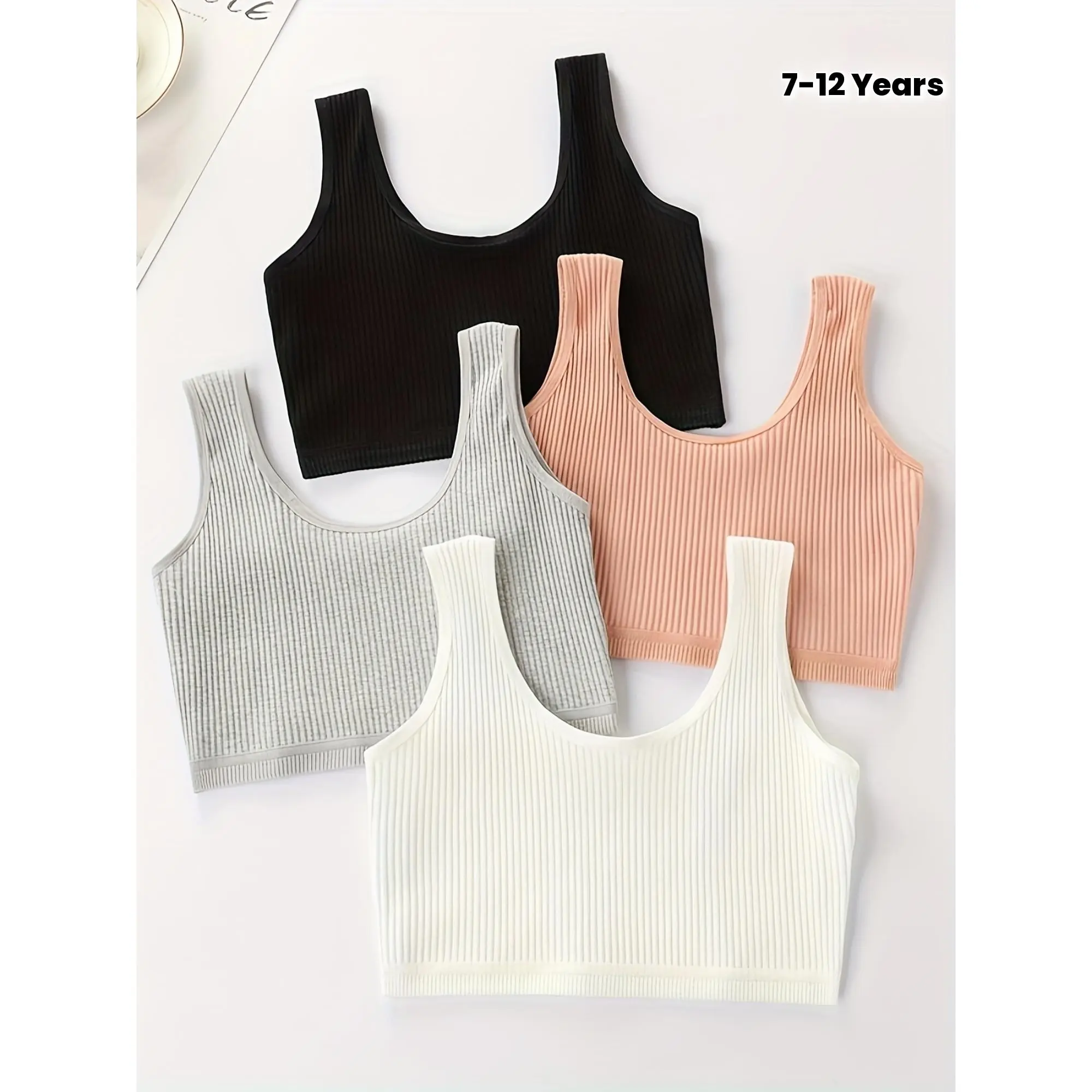 Girls' 4-Pack Tank Tops, Solid Ribbed Knit Slim-Fitting Crew Neck Vests for Casual Summer Wear, Nylon, Elastane, Dry Clean, Machine Washable, S, Basic, Skinny Cut, Ribbed Texture, 90% Nylon, 10% Elastane, Sleeveless, Slight