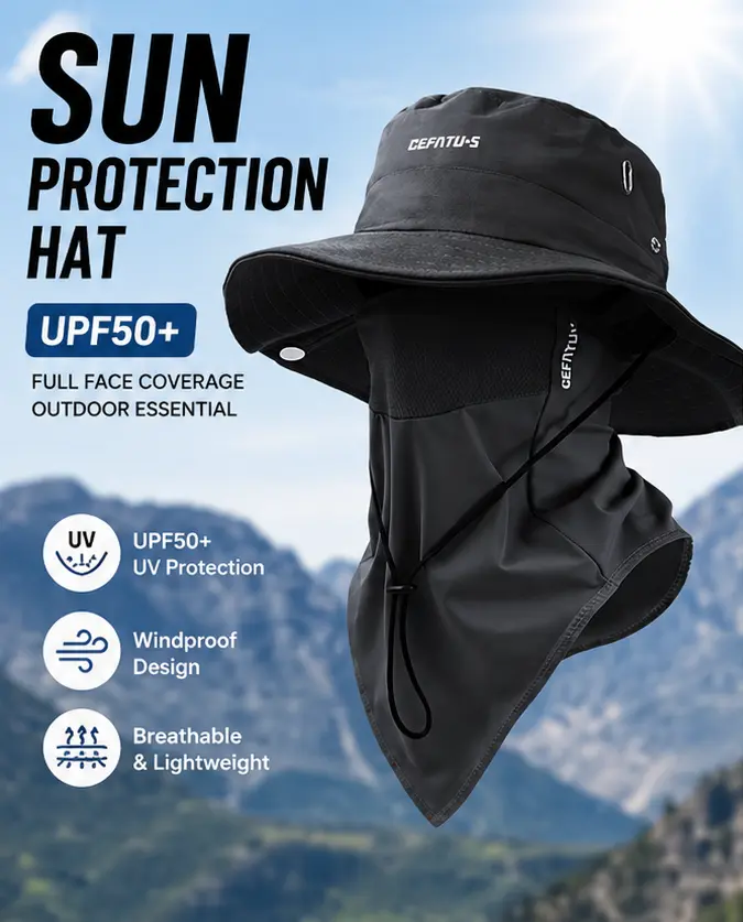 Foldable Bucket Hat for Men & Women, UPF 50+ Wide Brim Polyester Sun Hat with Removable Face & Neck Flap for Hiking & Trekking, Kayaking, Uv Protection, Fishing, Hats For Women, Quick-Release Elastic Buckle
