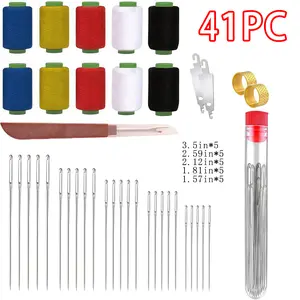 41 PCS Stainless Steel Handmade Sewing Needles Set Long Thin Big Eye Bent Latch Needles Professional Kit for DIY Embroidery Quilting Mending Upholstery Portable Sturdy Tool interchangeable  knitting  needles  sewing tool