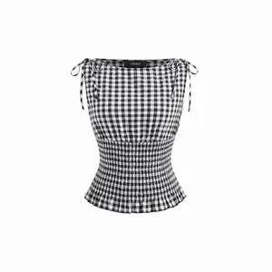 Cider Boat Neck Gingham Shirred Lettuce Trim Knotted Tank Top