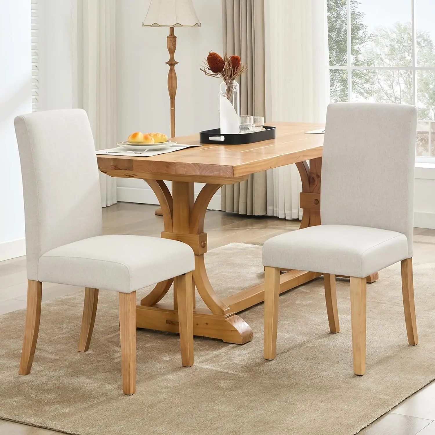 Set of 2 Beige Fabric Upholstered Dining Chairs with Heavy Duty Wood Legs for Dining Room