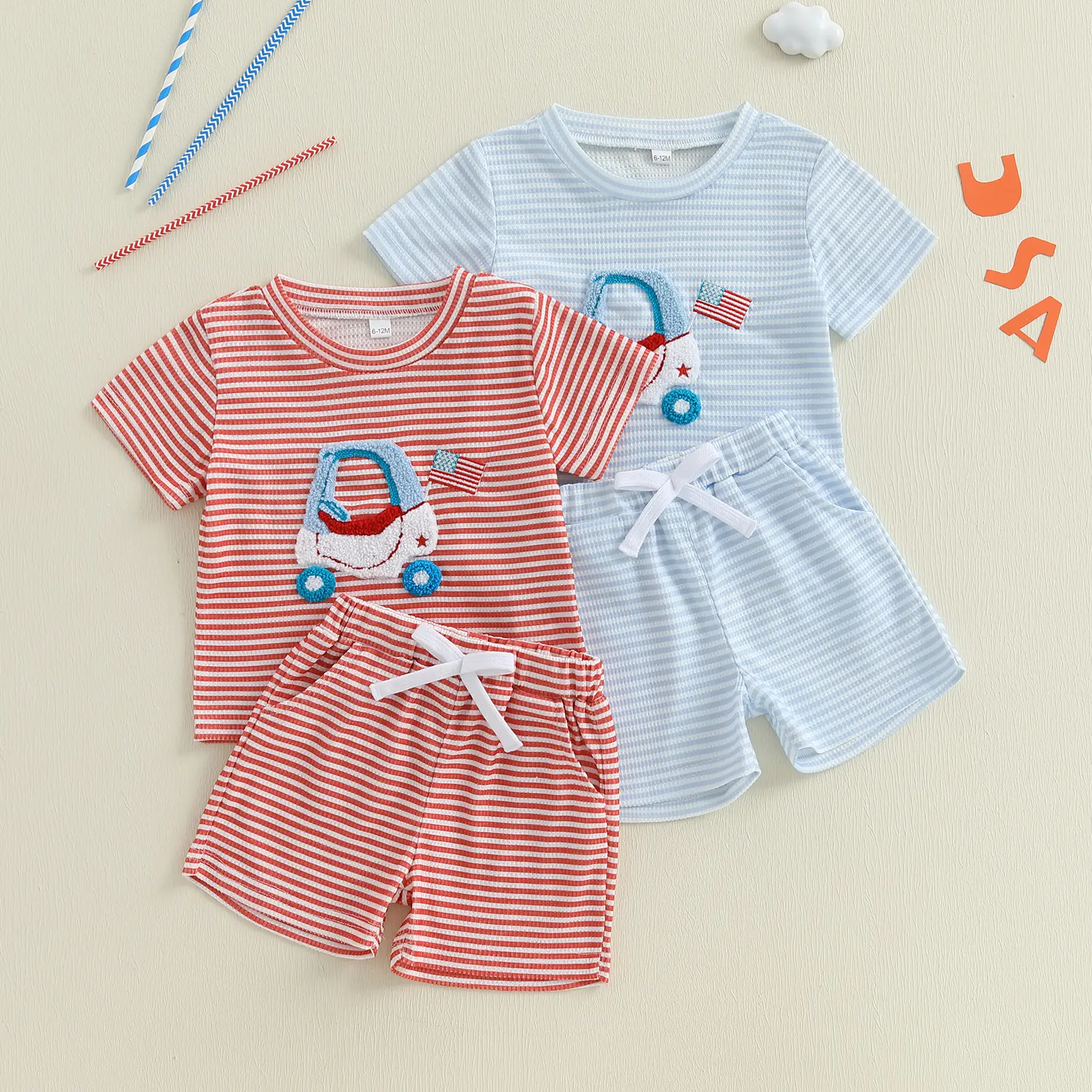 Imcute 4th of July Little Baby Boy Clothes Waffle Flag Car Embroidery Short Sleeve T-shirt Tops Striped Shorts Set Summer Outfits Set