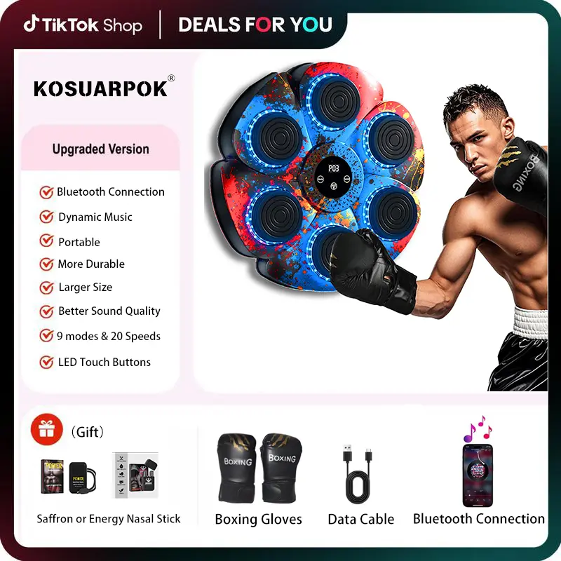 KOSUARPOK Music Boxing Machine, Wall-Mounted Electronic Punching Pad with 9 Modes & Bluetooth, Adjustable Height Home Fitness Equipment for Bedroom & Living Room Stress Relief, Office, Led Display