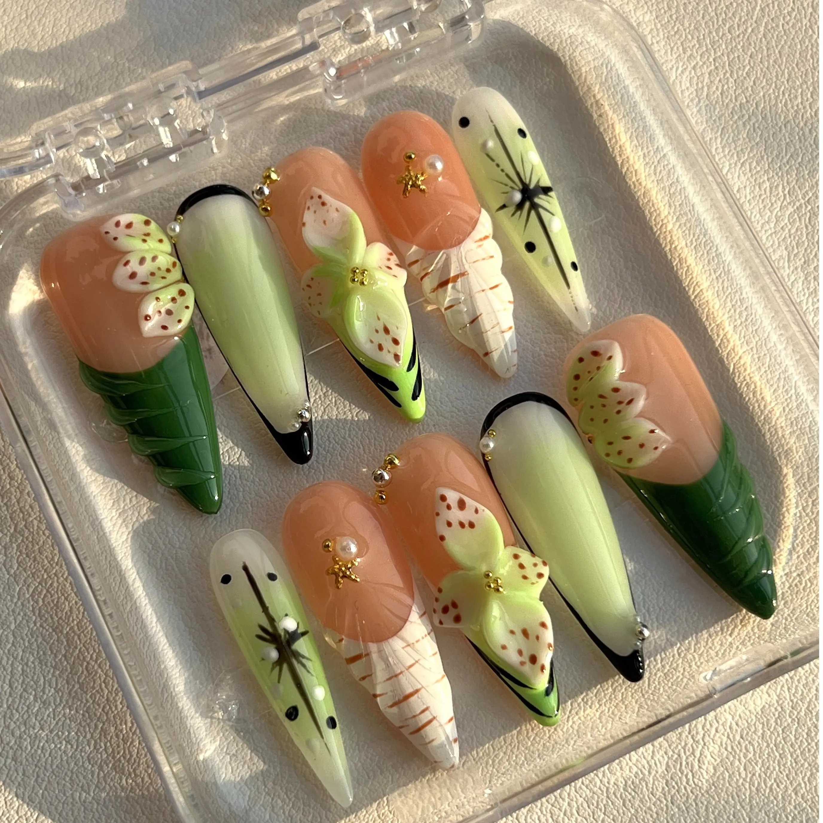 10PCS Multi-Pack 3D Oval Handmade Press-On Nails - Reusable Acrylic Gel, Rhinestone Embellished, Sparkly for Summer 2026/Prom