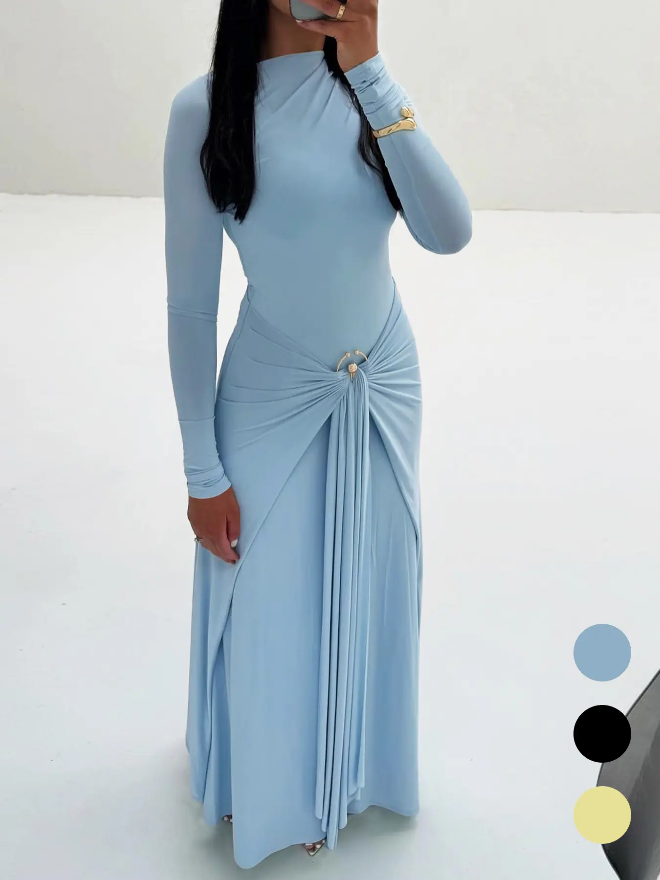Women's Long-Sleeve Slim-Fit Casual Muslim Dress with Ring Buckle Tie, Plain Daily Wear, Modest Solid Color