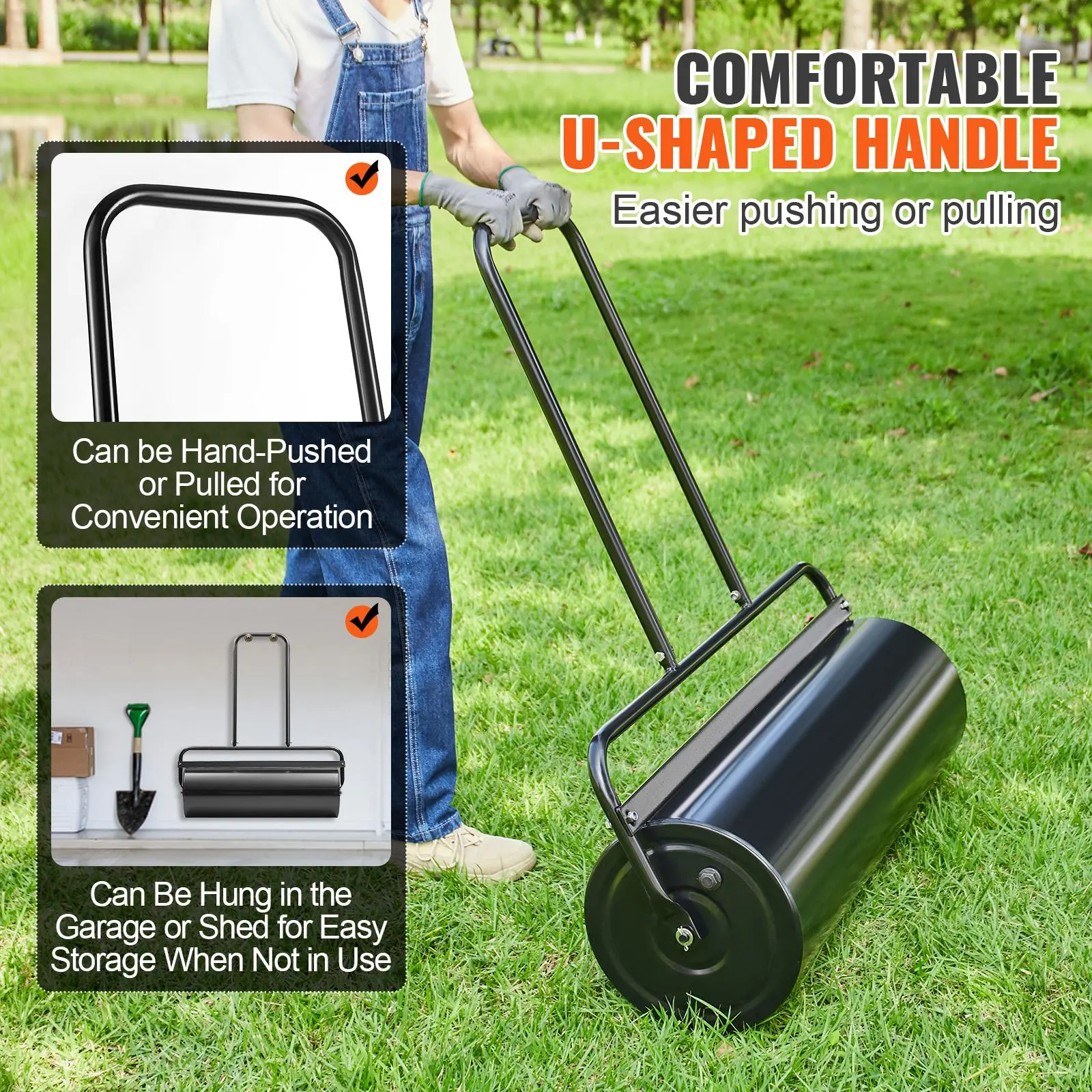 VEVOR 17-Gallon (61 L) Steel Frame Lawn Roller, Sand/Water Filled Steel Sod Roller with Easy-Turn Plug, U-Shaped Ergonomic Handle for Easy-Breezy Usage & Storage, Ideal for Smooth Surfaces, Garden & Farm