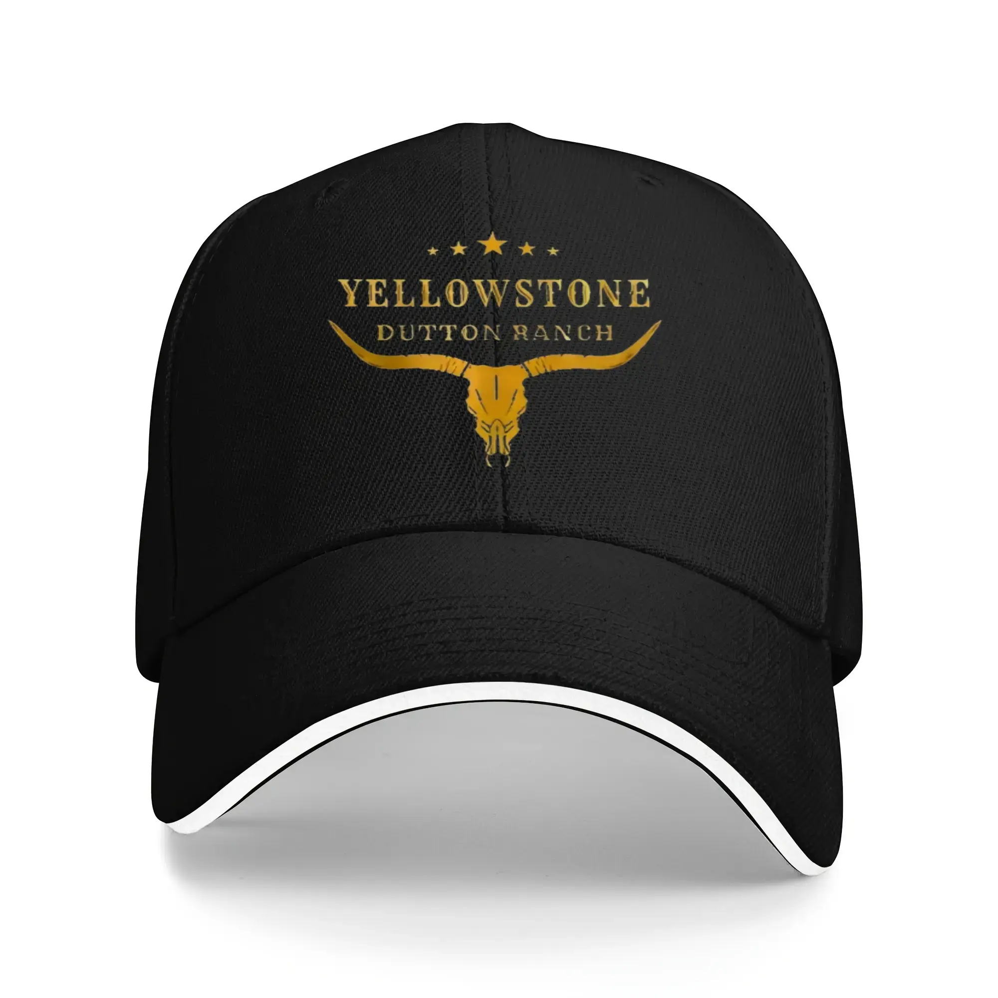 Yellowstone Dutton Ranch Trucker Hat, Black Polyester Baseball Cap with Golden Bull Skull, Adjustable, Gifts for Dad for Outdoor Wear