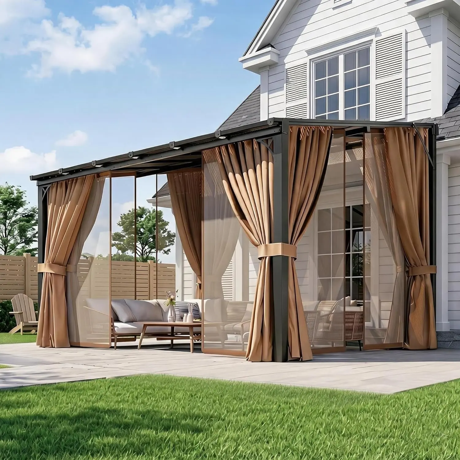 Aoxun Lean to Gazebo with Mosquito Net and Curtains,Aluminum Frame, Polycarbonate Panel, Wall MountedPergola with Sloped Roof for Backyard, Porch, Deck
