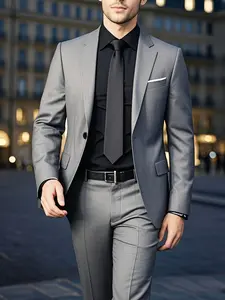 2pcs Men's Classic Blazer Suit Set, Formal Business Suit - Slim-Fit, Long Sleeve, Button-Up Jacket & Pants Combo with Pockets, Solid Color, Non-Stretch Fabric, Perfect for Weddings, Parties, Formal Events