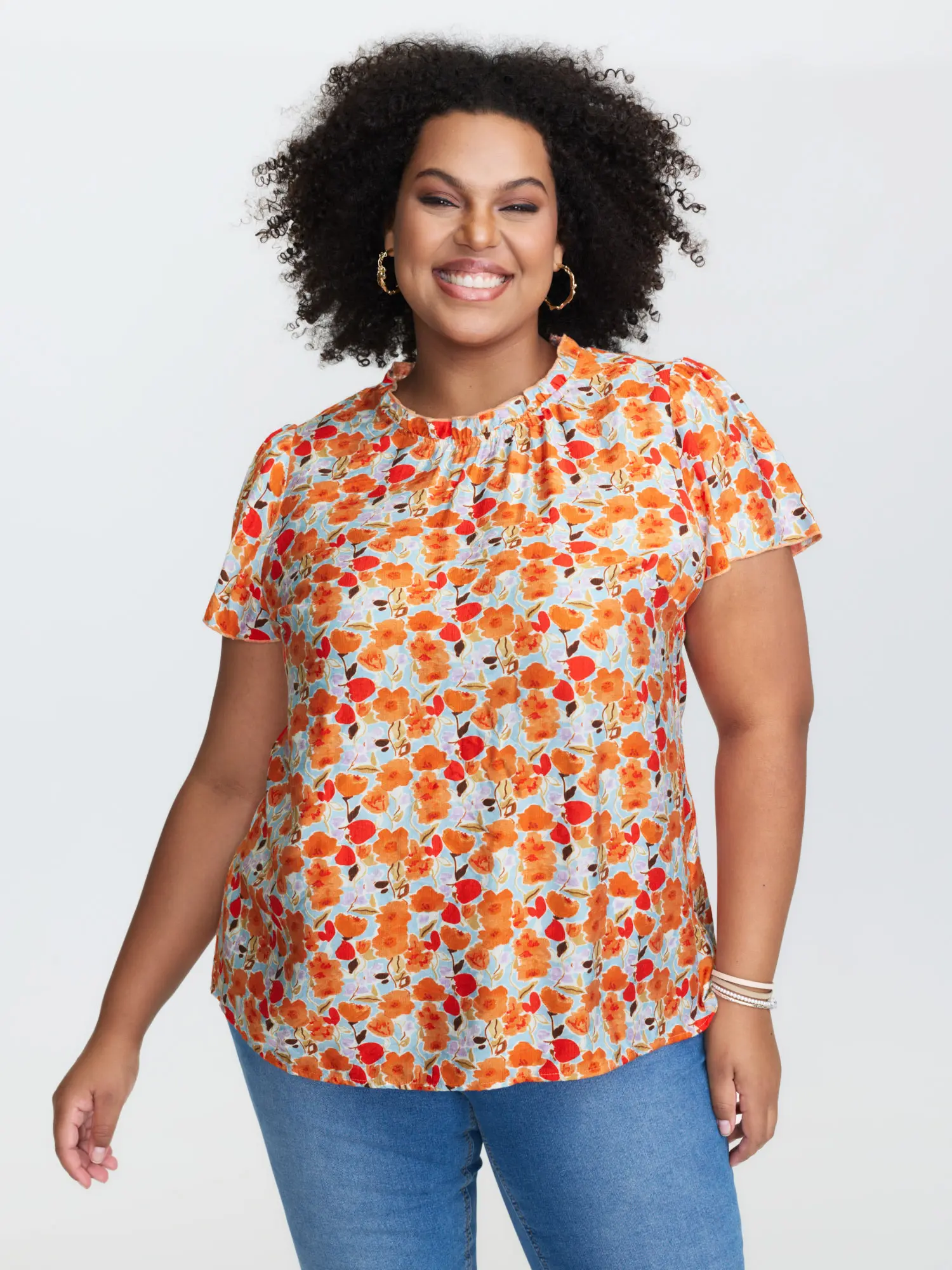 Women's Plus Size Blouse, Resort Style Ditsy Floral Print with Mock Neck and Ruffle Cap Sleeves in Rayon Blend, Garment, Shirts, Fit, Ready To Wear