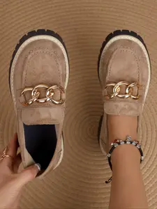 Women's Round Toe Thick Sole Chain Decorated Loafers, Slip-On Lazy Shoes, Casual Flats, Vintage British Style, Casual Spring & Fall Footwear