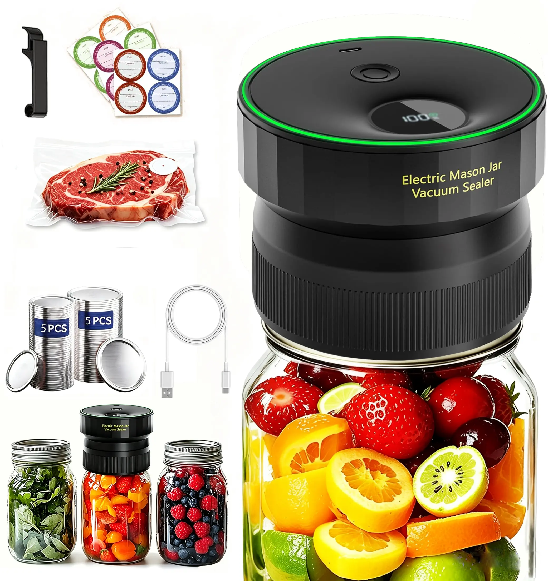 Multi-Accessory Electric Mason Jar Vacuum Sealer Kit 4-in-1 Cordless Food Saver Pump with LED Screen Auto-Stop Vacuum Sealer for Wide Regular Mouth Jars Bags Wine Bottles Storage Kitchen Organization Food Preserver Meal Prep Pantry Gadget Home Gift