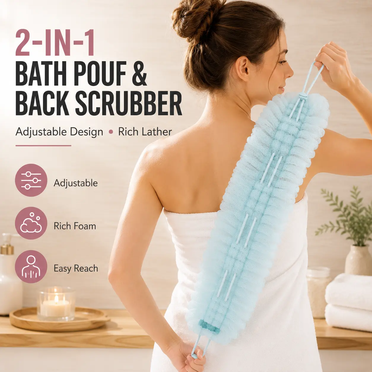 2-in-1 Bath Pouf & Adjustable Back Strap, Nylon Mesh Shower Loofah with Rich Lather for Men & Women Bath Pouf & Adjustable Back Strap, Nylon Mesh Shower Loofah with Rich Lather for Men & Women