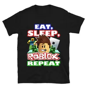 Men's Short-Sleeve Cotton Round Neck Stretch T-Shirt - Soft, Breathable Fabric, "Eat, Sleep, Roblox, Repeat" Retro Gamer Graphic Top for Roblox Fans, Streetwear Style