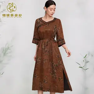 Guangdong Black Pearl Gambiered Guangdong Gauze xiangyunsha  Retro Button Silk Maxi Skirt Slim Fit Chinese Dress  Elegant Chinese Retro Dress