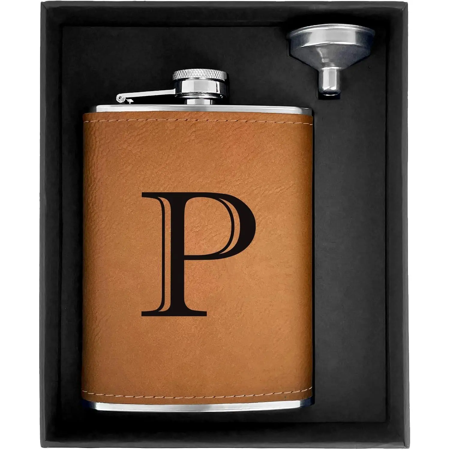 Flask for Men Leather Engraved Drinking  Flasks for  with Initials Stainless Steel with Funnel 8 oz Personalized Christmas Birthday Gifts for Dad Letter P