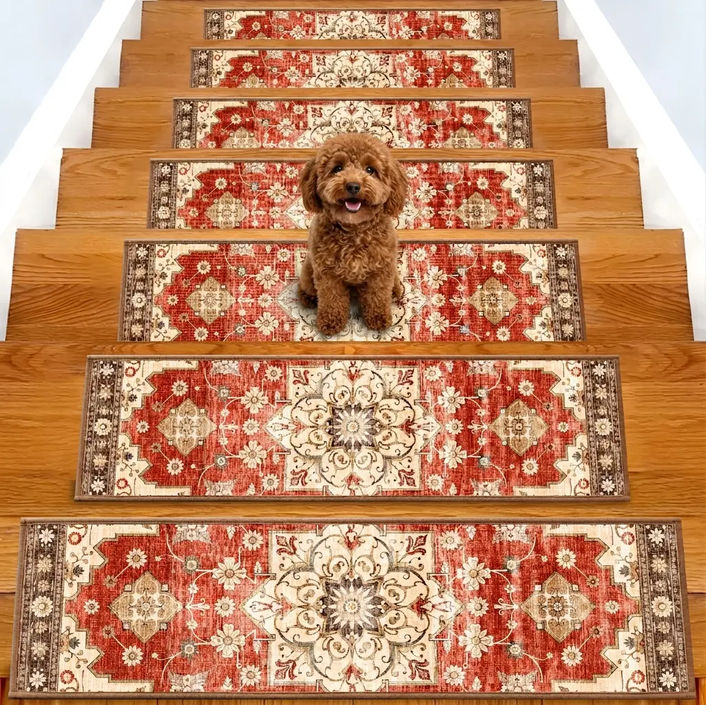 Non Slip Chenille Stair Runner - 8"x30" Anti Slip Rugs for Wooden Steps, Toolfree 5-min Set, Spillready Waterproof Stain Resistant, Soft Machine Washable Reusable Traditional Home Decorative Textile, Noise Reducing Indoor Household Accessory