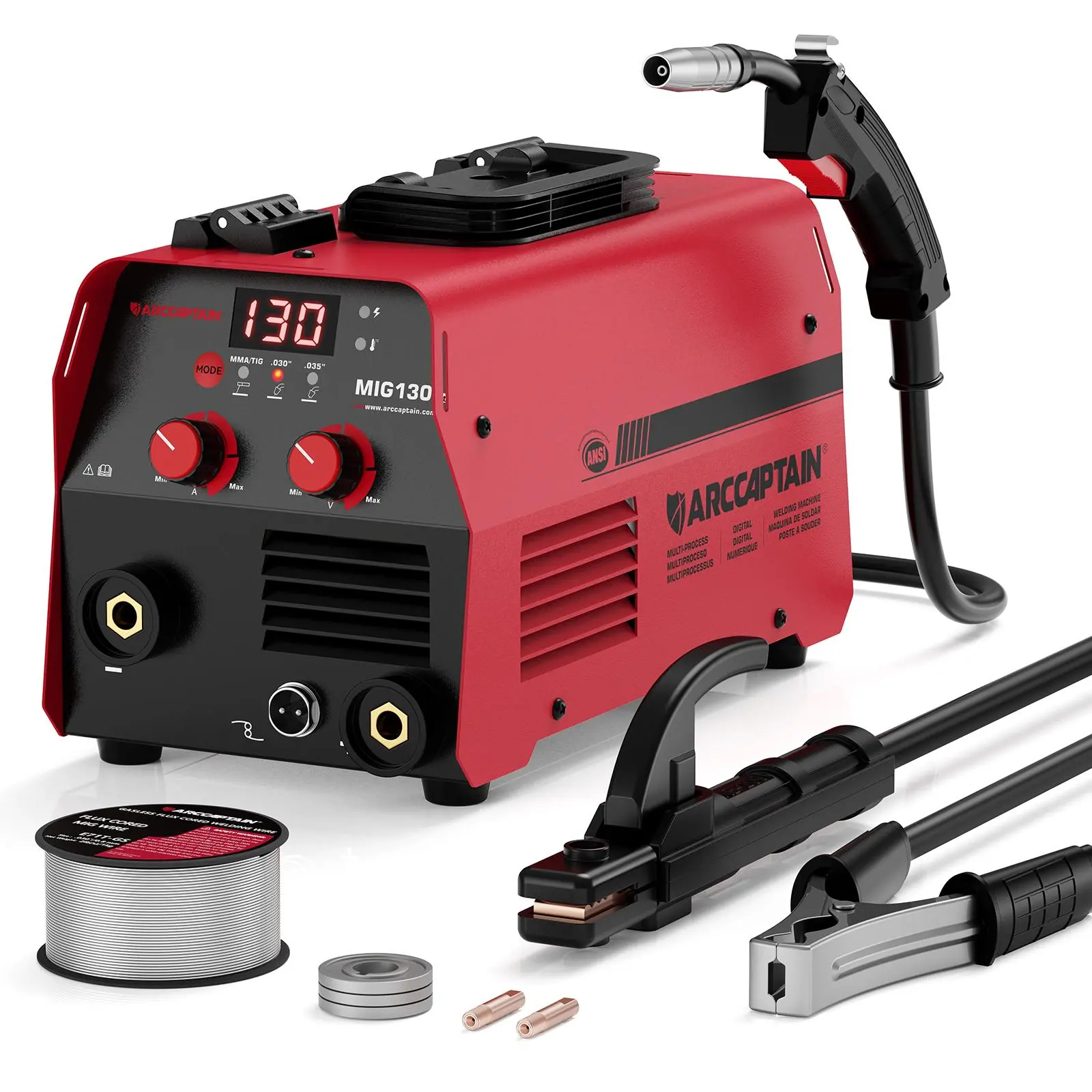 ARCCAPTAIN 135Amp 110V Flux Core MIG Welder - MIG130 Gasless 3-in-1 Welding Machine with Lift TIG/Stick Capabilities, Digital Display, DC IGBT Synergic Control, Portable Handheld Welder, Handheld Welder Machine