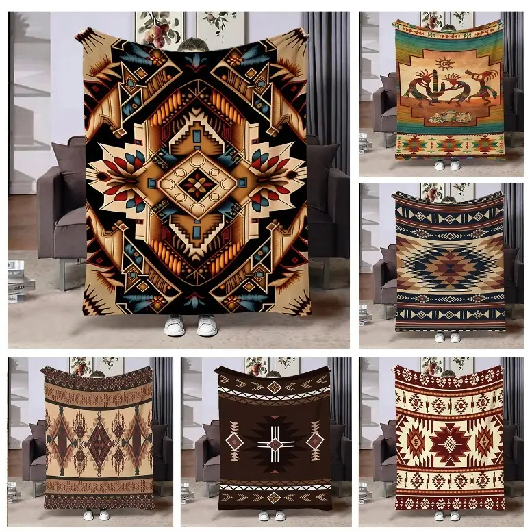 Bohemian Ethnic Pattern Flannel Throw Blanket - Bohemian Style, Vintage Inspired, Cozy Bedding for Sofa Bed, Mandala Decor Birthday Christmas Gift for Her, Bohemian Style Blankets, Vintage Inspired Blankets