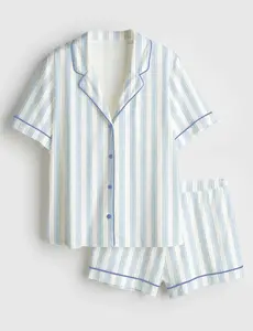 Women’s Blue Watercolor Striped Short Sleeve Pajama Set #Pajamas #Shortpjm
