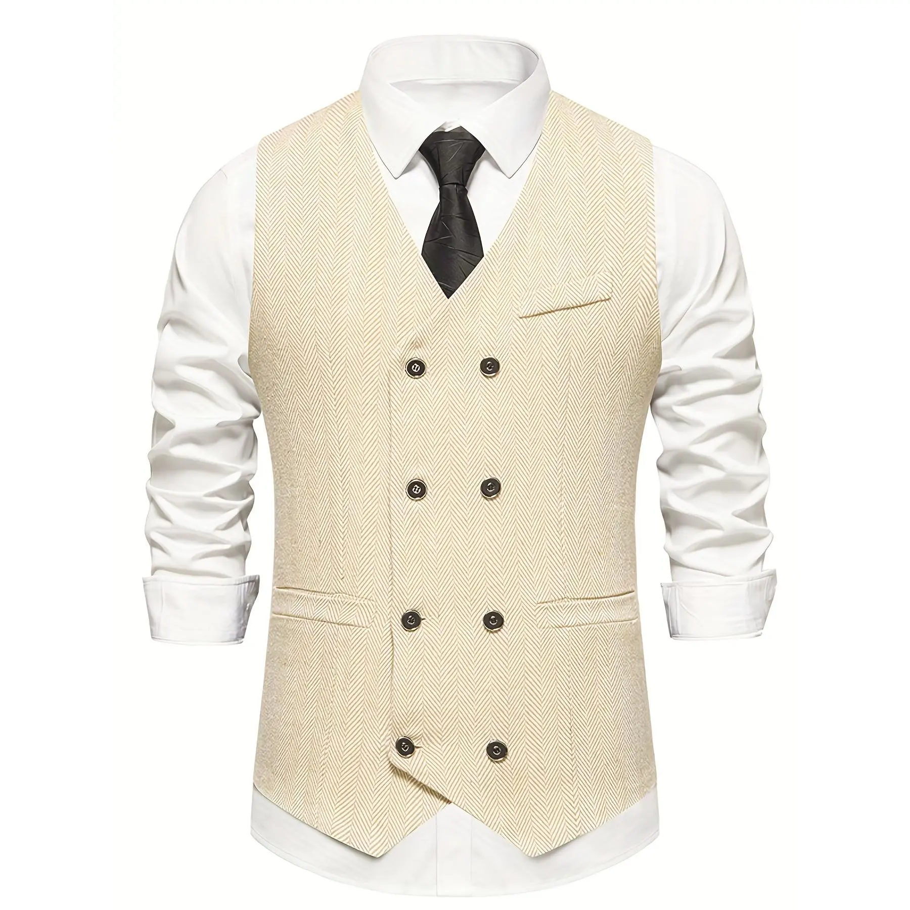 Men's Stylish Double-Breasted Suit Vest, Solid V-Neck Waistcoat for Formal Menswear, Woven Polyester Blend, Regular Fit All-Season Wear, Fashion, Faux Pockets, Sleeveless