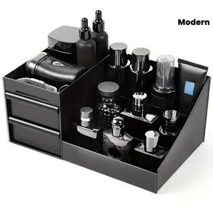 Men’s plastic countertop storage box, multi-compartment adjustable shelving unit – modern grooming essentials storage, suitable for perfumes, skincare products, and personal care items. Space-saving vanity organizer for bathrooms and bedrooms.