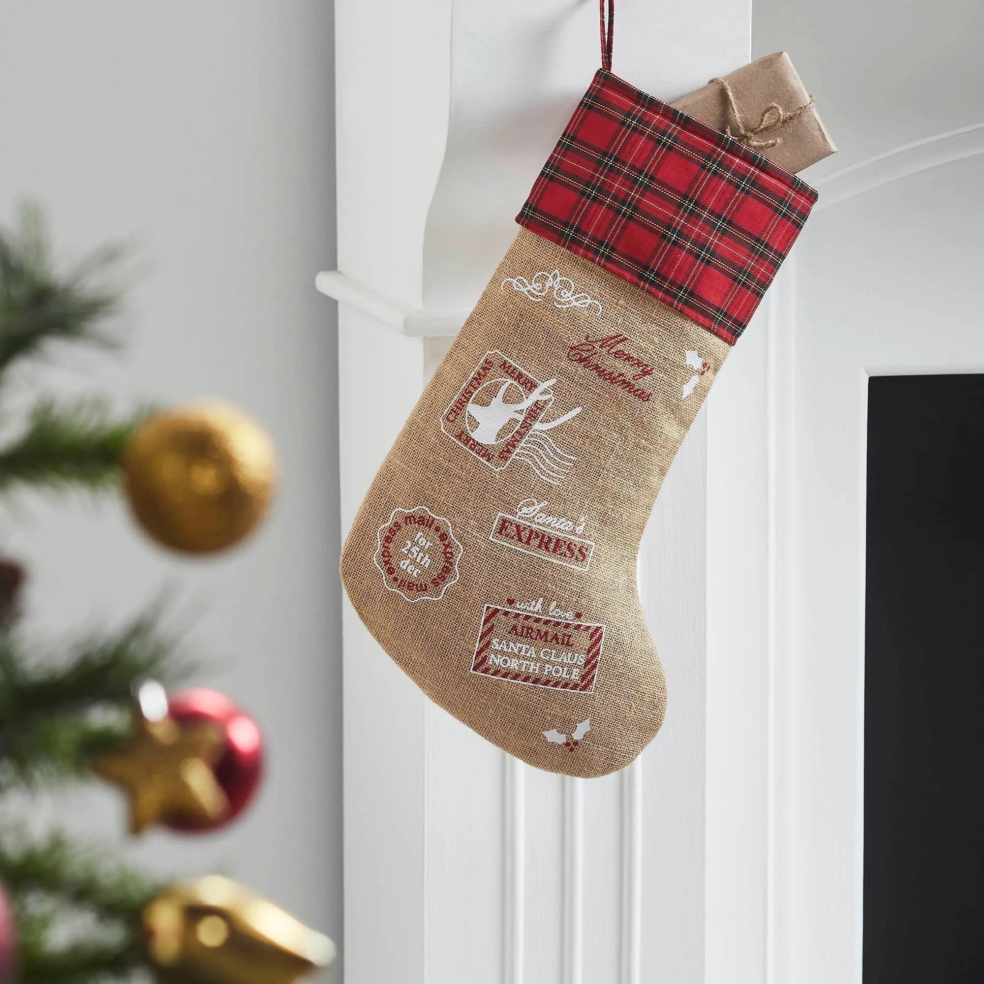 Natural Burlap Plaid Airmail Christmas Stocking with Rustic Stamp, Festive Decor for Room Decor, Christmas Theme, Farmhouse