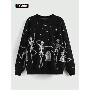Women’s crew-neck pullover sweater with a street-style skull design, perfect for attending costume parties and autumn fashion, a comfortable and trendy Halloween outfit