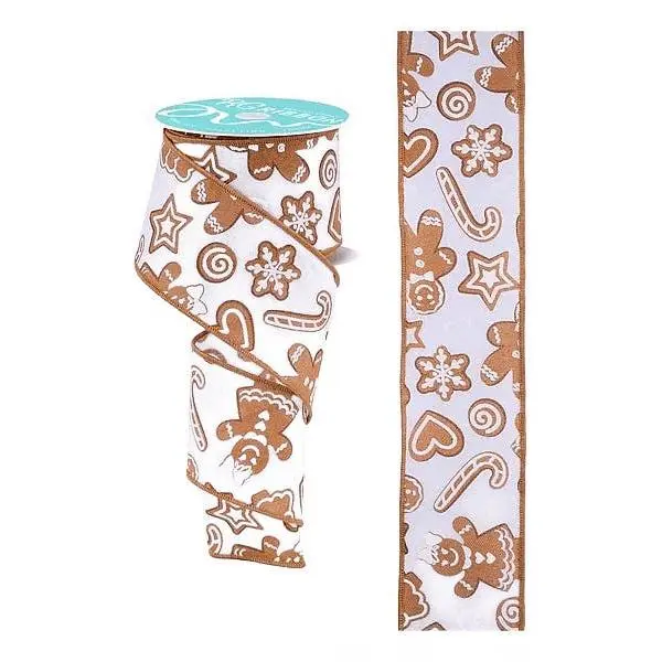 2.5" x 10yd Gingerbread Ribbon - White/Brown/Tan
