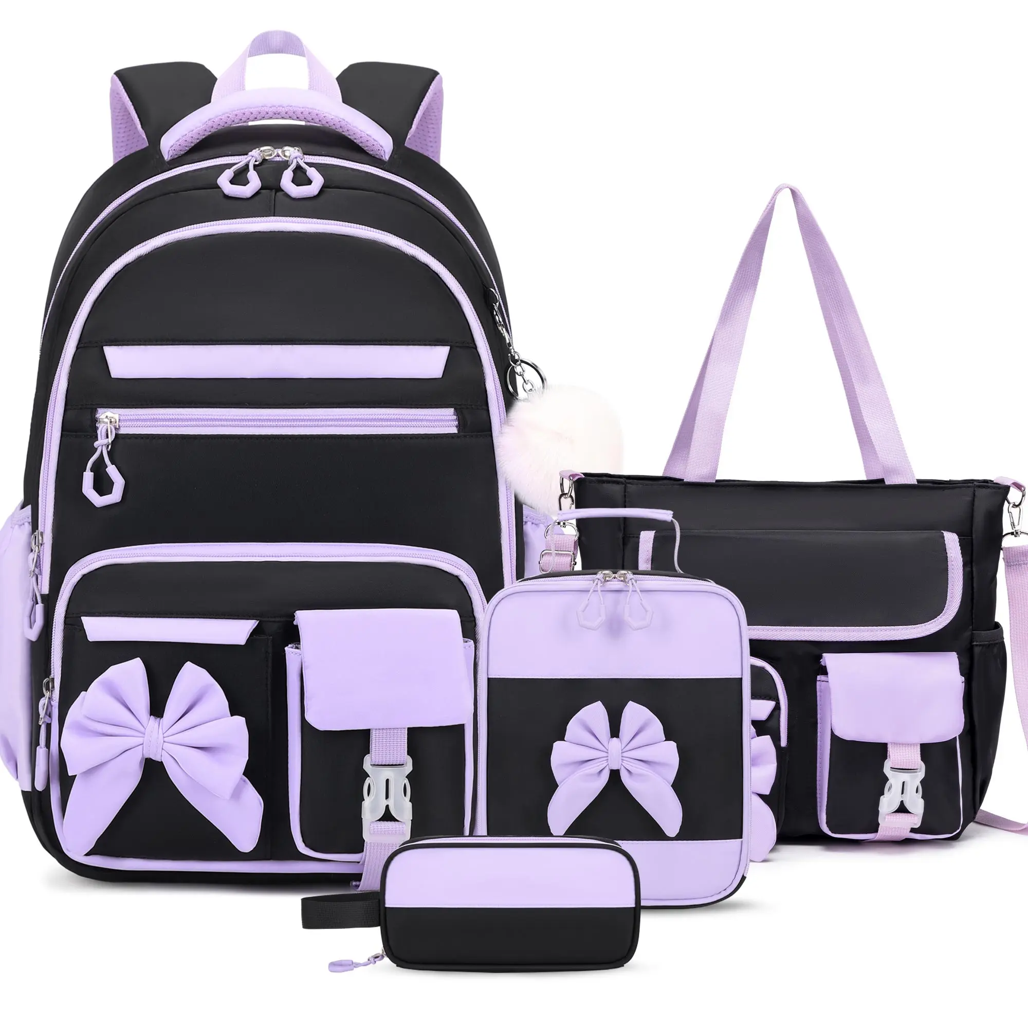 SIMILOVE Girls' 3-Piece Waterproof Purple Pink Ombre Backpack Set with Lunch Box, Pencil Case, Reflective Strips, Adjustable Straps, Quickfind Pockets, Built-in Organizer - Back to School Haul Essential, Best Gift for Kids, First Day Of School