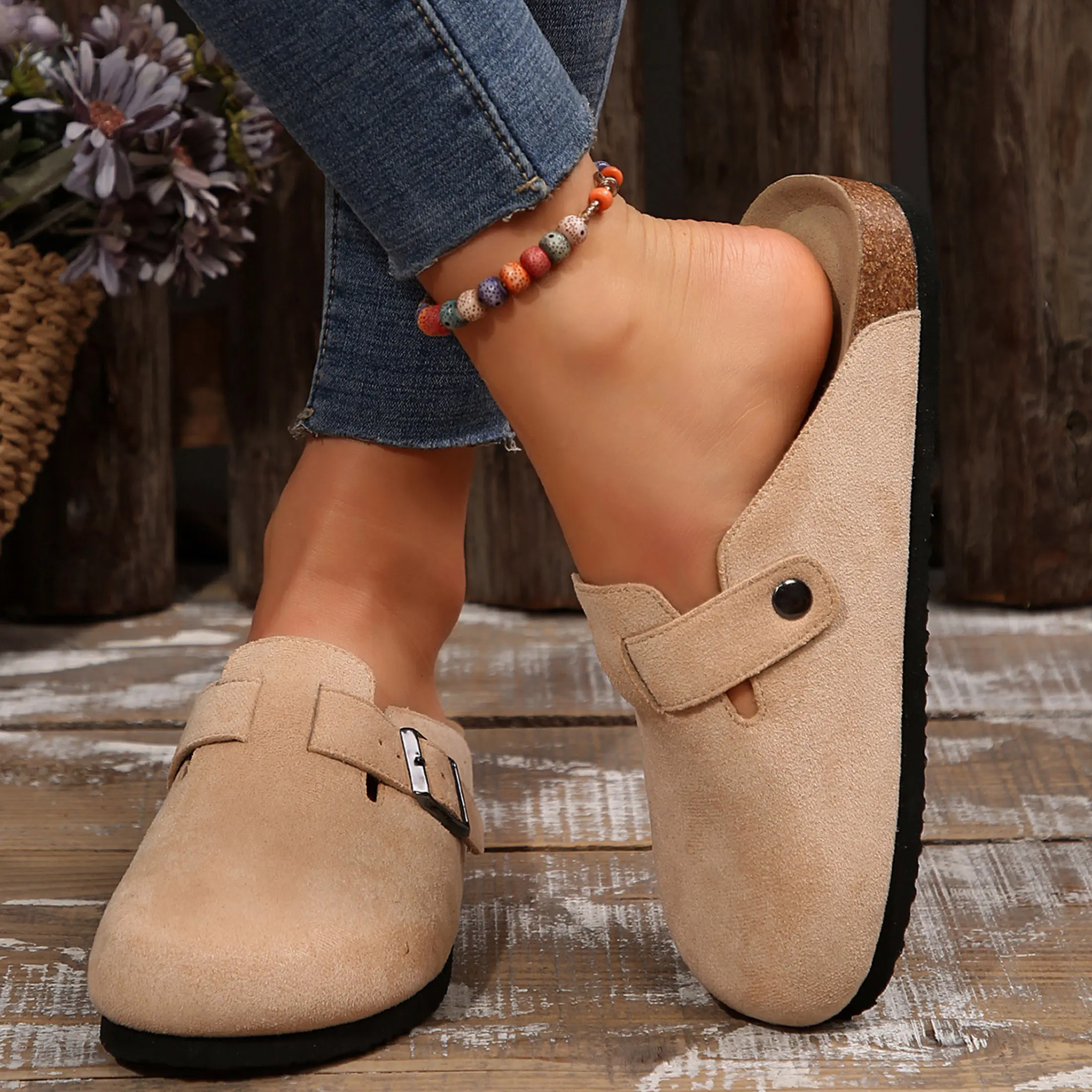 Women's Sandals Suede Clogs Adjustable Buckle Slip on Footbed Home Clog Slippers Non-Slip Indoor Outdoor Shoes