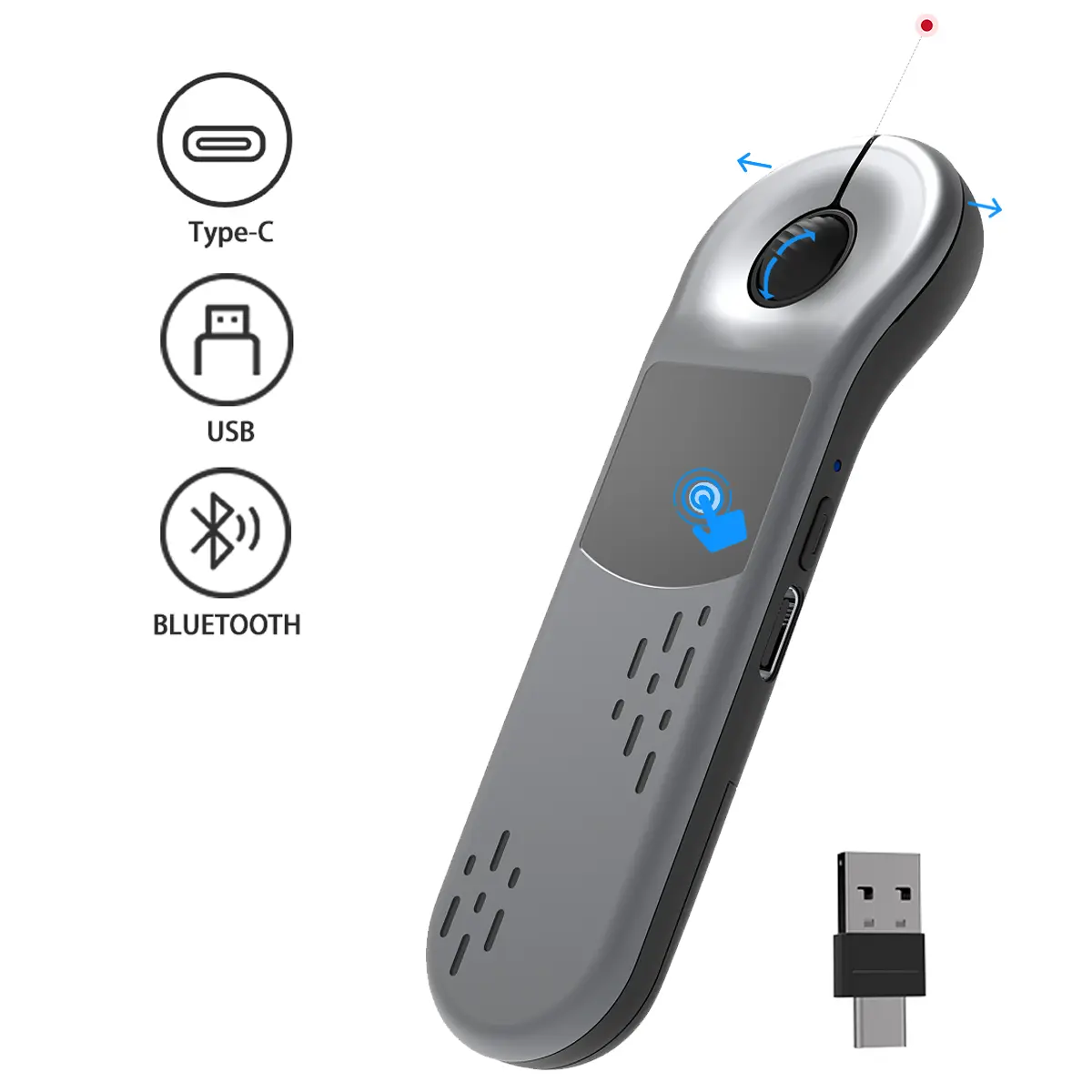 Bluetooth+2.4G Dual-Mode Air Laser Mouse;Turn pages in PowerPoint;Browse the web;Short video TikTok Remote Control Scrolling; Compatible systems: iOS, MacOS, Android, Windows