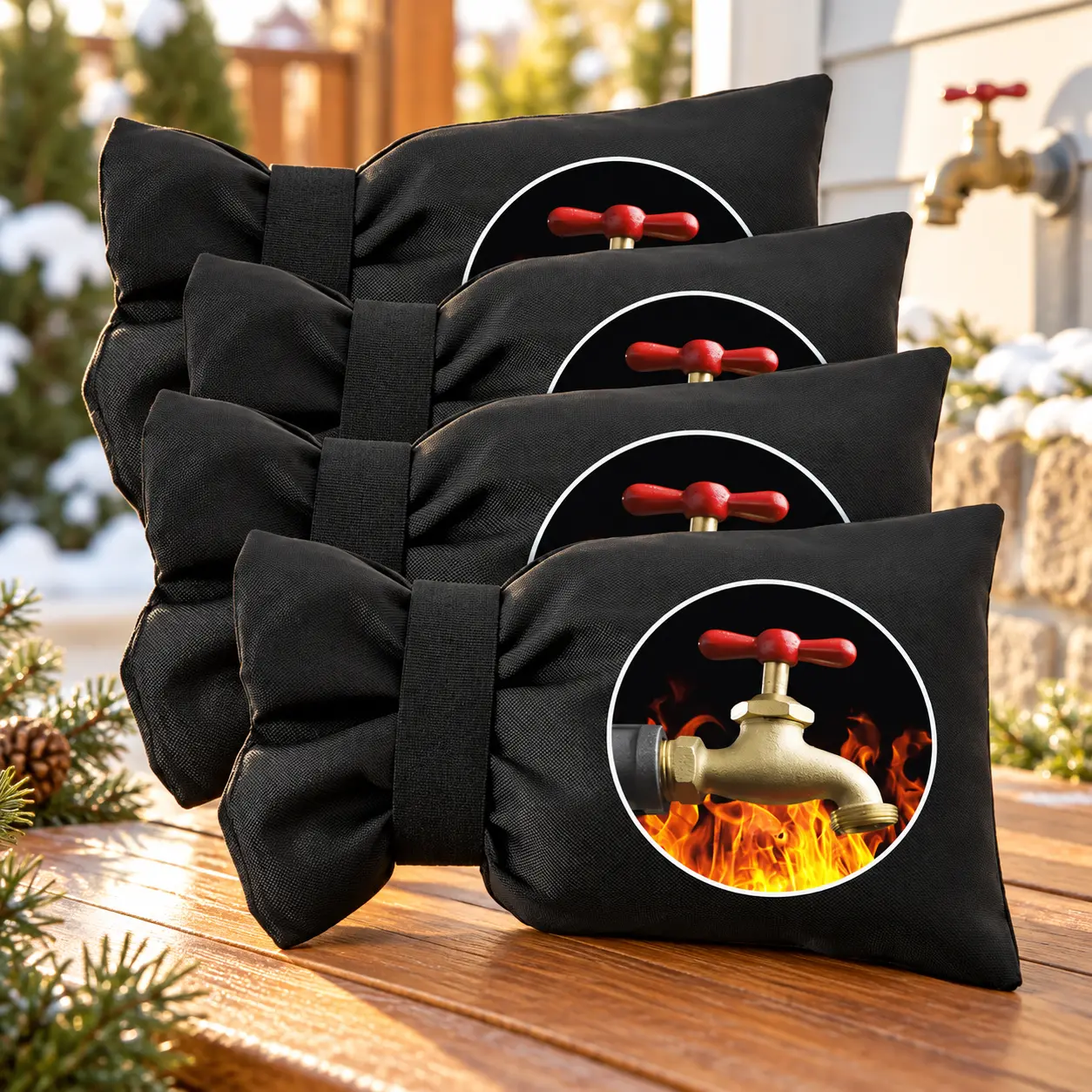 Black Square Winter Faucet Cover Set, 5.5x7.9 in Thick Durable Synthetic Foldable Non-Slip Freeze-Safe Reusable Waterproof Recyclable Hose Bib Protectors for Outdoor Garden Use