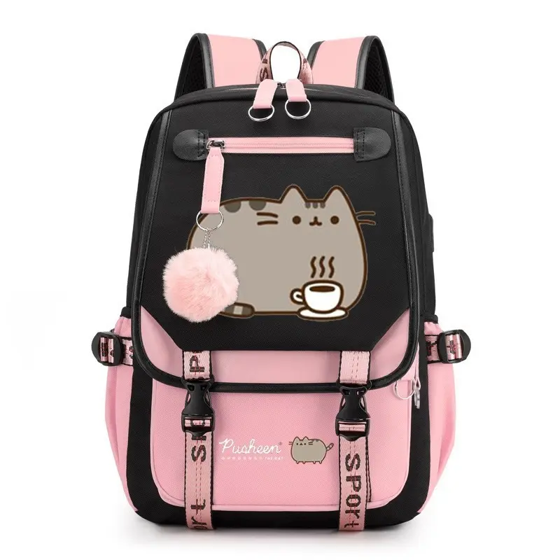 Women's Pusheen Cat Fashion Backpack - Cute Cartoon Large-Capacity Color-Block Rucksack with Pom Pom Charm for Girls, Travel & School Use (Laptop-Compatible)