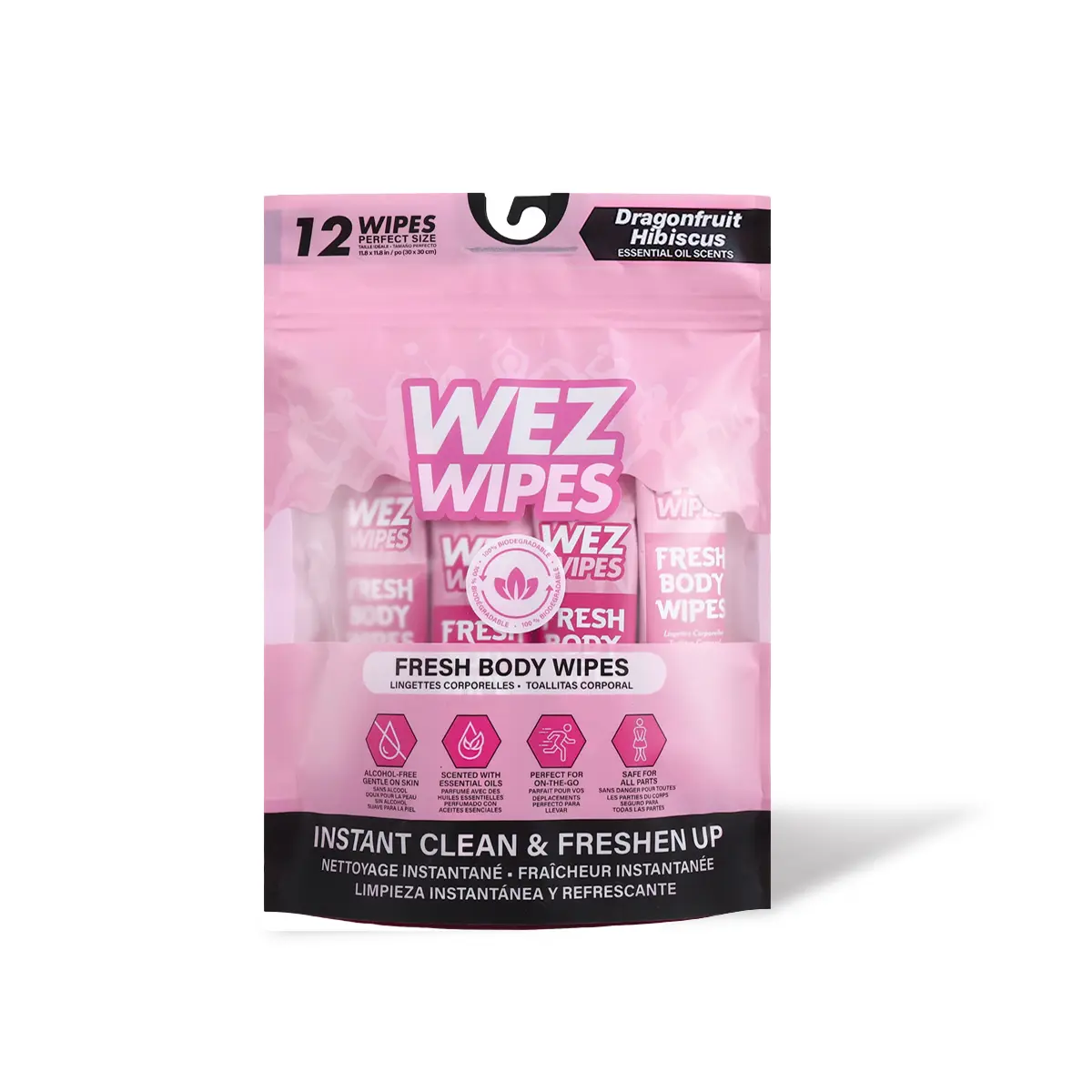 WEZ WIPES Dragonfruit Hibiscus Fresh Extra Large Body Wipes | 12 Alcohol-Free Biodegradable Body Cleansing Wipes with Essential Oil Scent | No Rinse Bath Wipes for Gym, Travel, Camping & On-the-Go