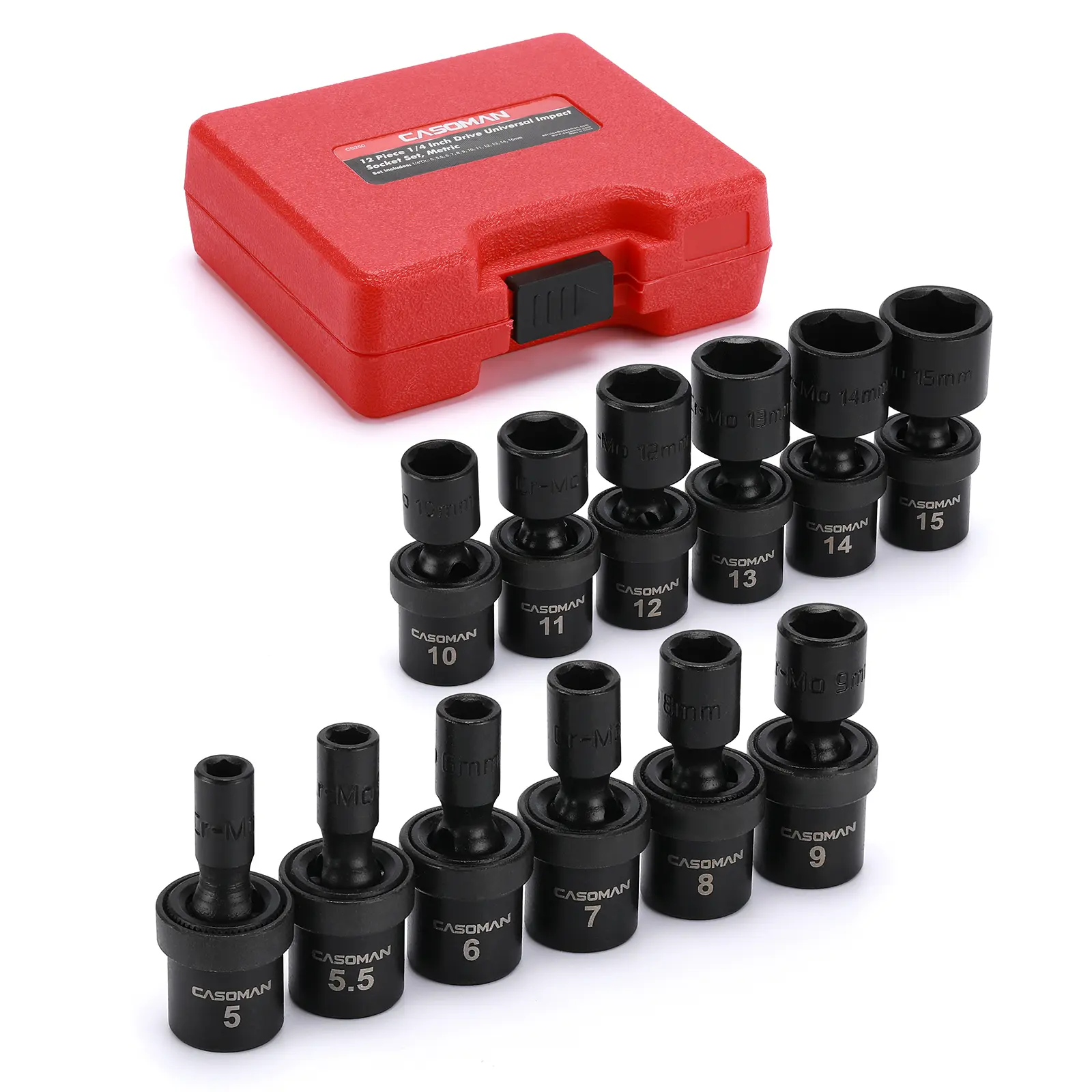 CASOMAN 1/4-Inch Drive Shallow Metric 6-Point Cr-Mo Hex Socket Set - 12-Piece 5mm-15mm Socket Wrench Kit with 360° Rotation Freedom, Full Rotation for Mechanics