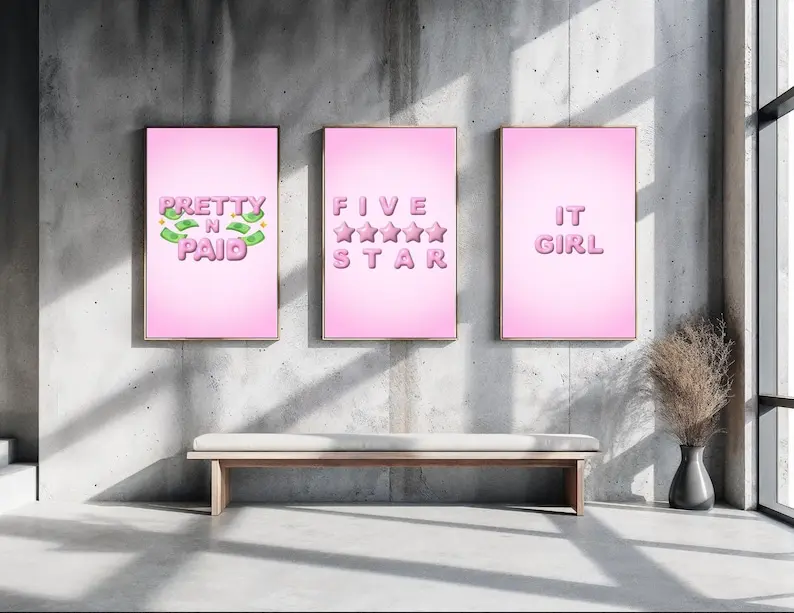 Pink Posters - Pretty N Paid, Five Star, Trendy Room Decor - It Girl Aesthetic Wall Art Set, Bubble Letters