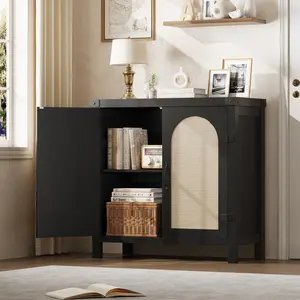 Garvee 31.5 in Rattan Buffet Cabinet with Storage, Kitchen Coffee Bar Cabinet Featuring Doors, Adjustable Shelves, and Handle; Boho Farmhouse Style Sideboard for Kitchen, Living Room, Dining Room, or Hallway in Black or Natural Finish