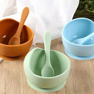 1 set of 2 silicone bowls, children's bowl, silicone suction cup, bowl and spoon set, tableware, Drinking feeding supplies, anti-drop complementary food training bowl, silicone straw, integrated portable and non-slip