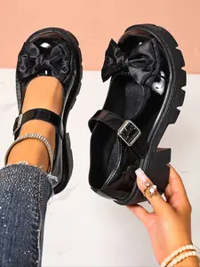 Women's New Stylish Chain Decorated Flat Comfort Rubber Shoes, Halloween Gothic Bow Design Small Leather Shoes, Daily Wear and Walking Shoes, Y2K School Shoes