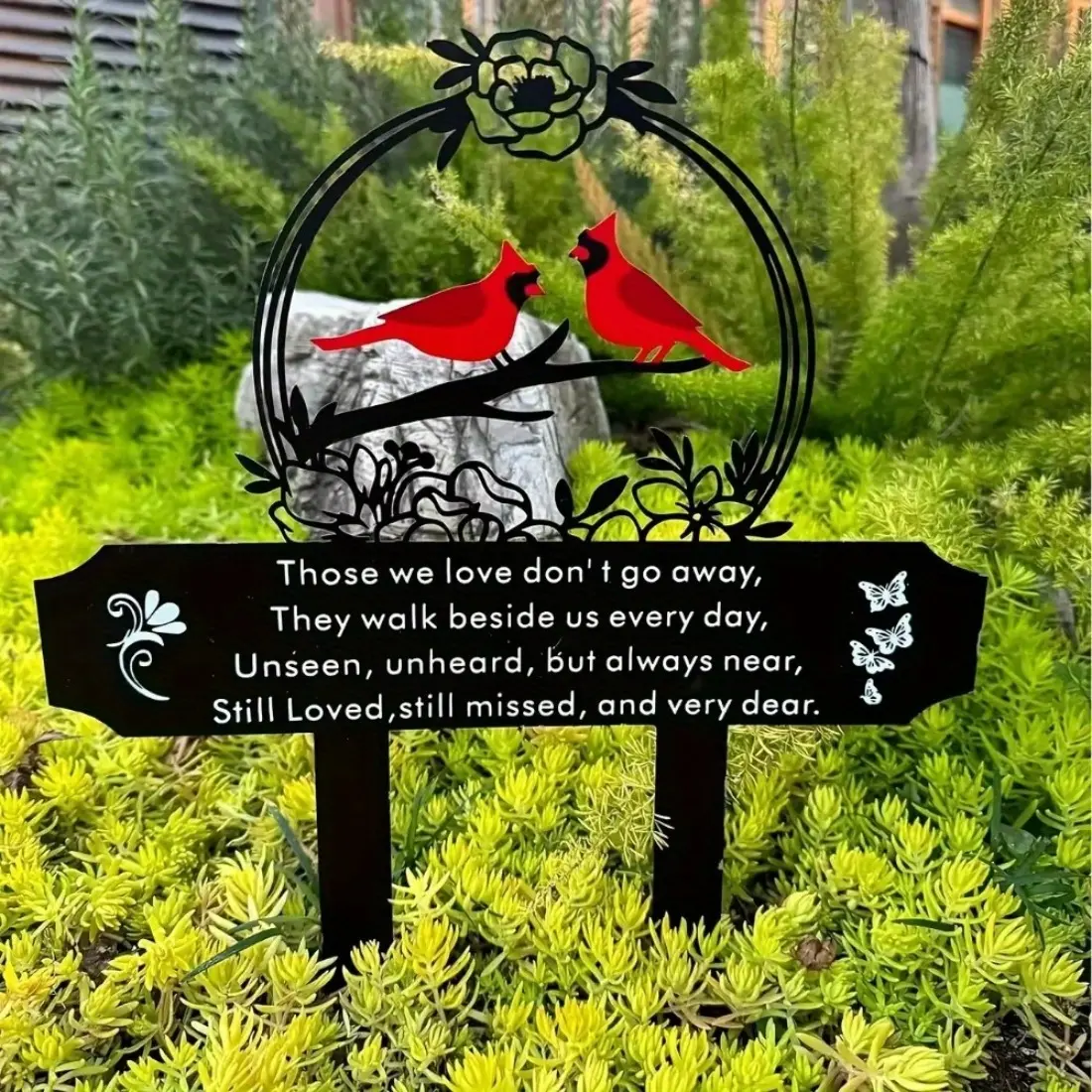 Elegant memorial plaque stake. Floral cardinal birds garden stake. Cemetery decoration. Insert sign to honor family.