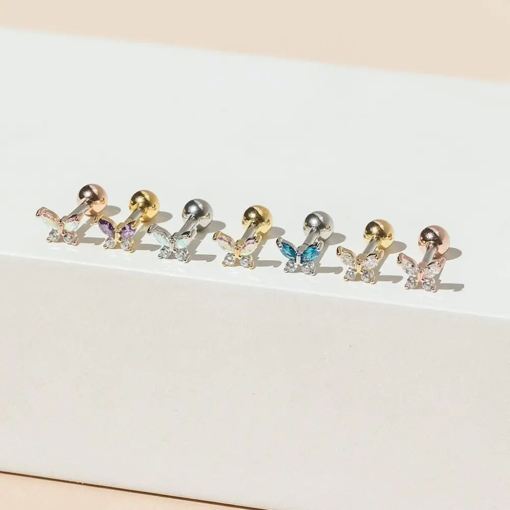 Sparkly Butterfly Tragus Earring • Tiny 18g Threadless Labret • Iridescent Cartilage Stud • Dainty Tragus Earring • Screwback Lobe Piercing