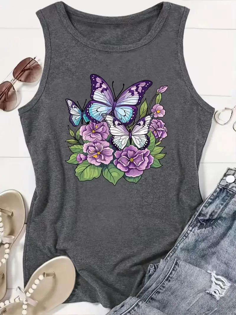 Purple Floral Butterfly Colorful Print Women Sleeveless Tank Top