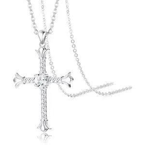 Sanfenly 1PC 925 Sterling Silver Cross Necklace for Women, Christian Cross Pendant with Cubic Zirconia, 46cm Chain Religious Jewelry