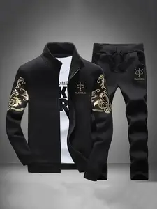 Two-Piece Set Men's Regular Fit Dragon Print Zip Up Long Sleeve Hoodie & Pants, Casual Fashion Cozy Breathable Outfits for Daily Outdoor Wear, Men Clothes for Spring & Fall